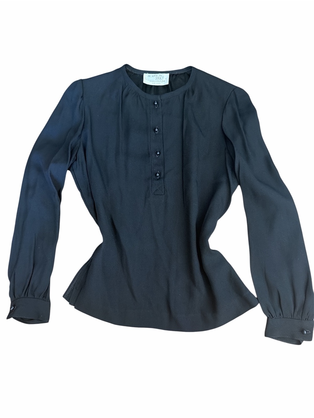 Fall cottage core Vintage Black Long-Sleeve Button Placket Women's Blouse M